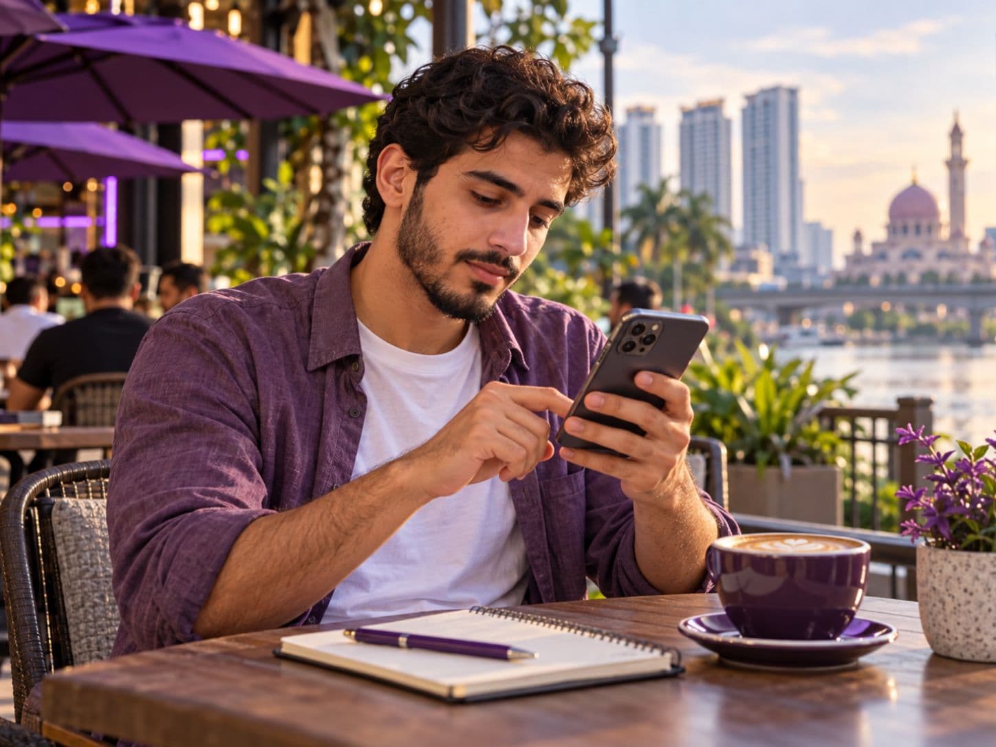 Reading community posts and asking a question at a café in Kuala Lumpur