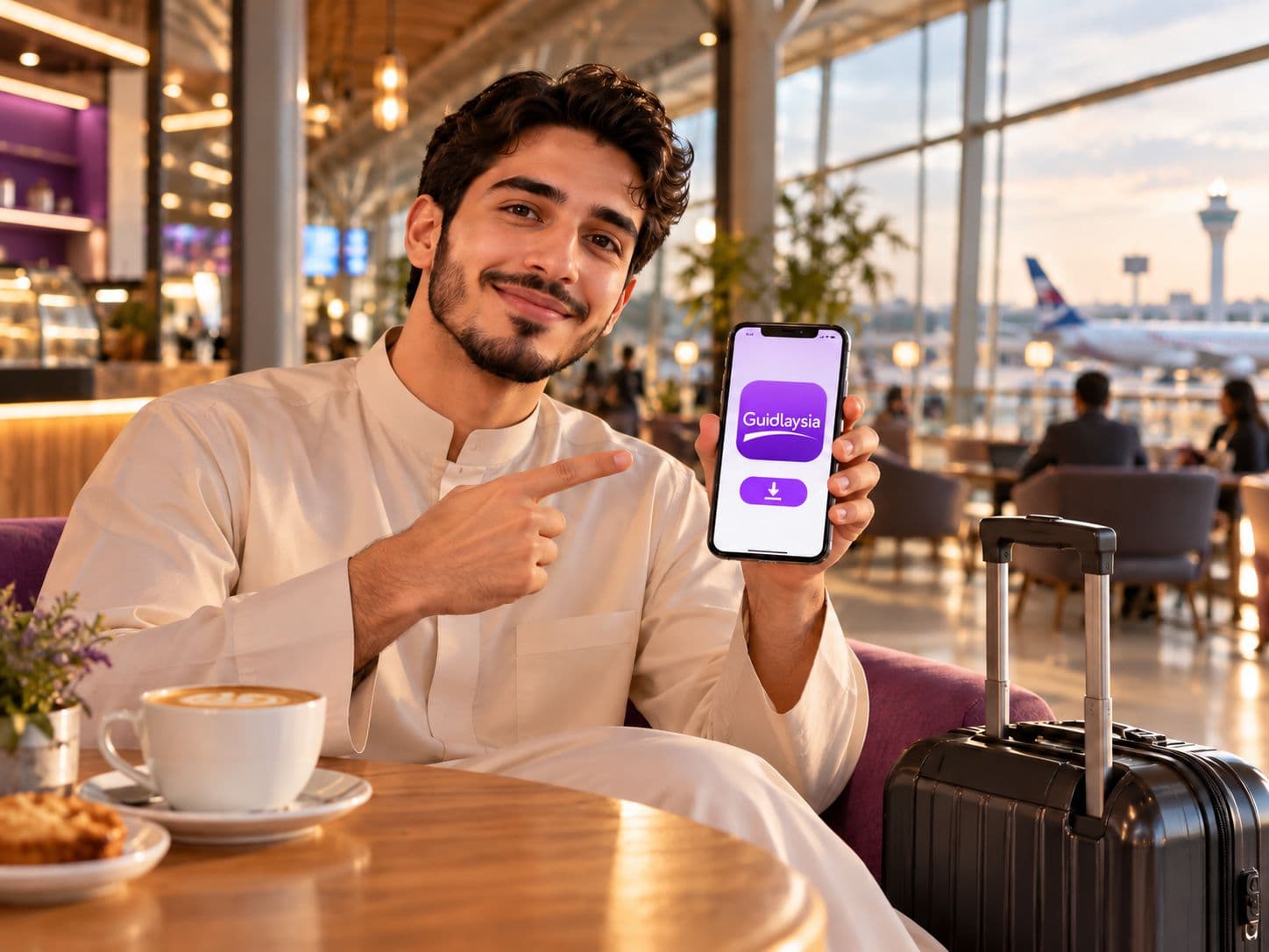 Newcomer at the airport showing the Guidlaysia app on their phone