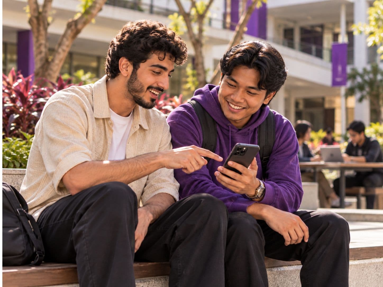 Two students sharing tips from the Guidlaysia community on a phone